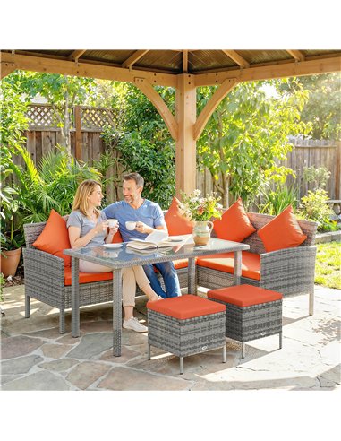 Outsunny 6-Seater Rattan Dining Set Sofa Table Footstool Outdoor w/ Cushion Garden Furniture, Orange