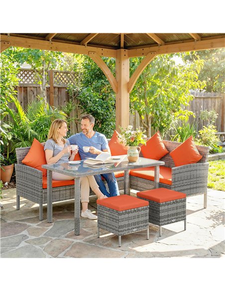 Outsunny 6-Seater Rattan Dining Set Sofa Table Footstool Outdoor w/ Cushion Garden Furniture, Orange - pic 199205 | FastDaddyshop