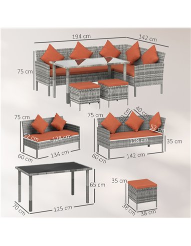Outsunny 6-Seater Rattan Dining Set Sofa Table Footstool Outdoor w/ Cushion Garden Furniture, Orange