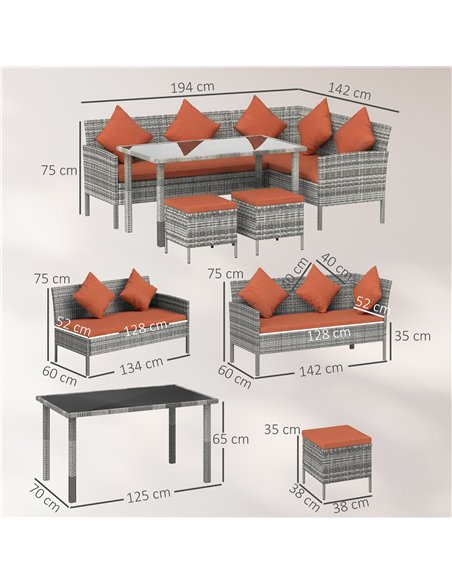 Outsunny 6-Seater Rattan Dining Set Sofa Table Footstool Outdoor w/ Cushion Garden Furniture, Orange - pic 199206 | FastDaddyshop