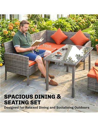 Outsunny 6-Seater Rattan Dining Set Sofa Table Footstool Outdoor w/ Cushion Garden Furniture, Orange