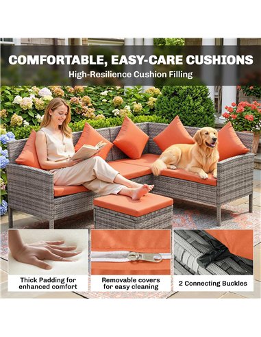 Outsunny 6-Seater Rattan Dining Set Sofa Table Footstool Outdoor w/ Cushion Garden Furniture, Orange