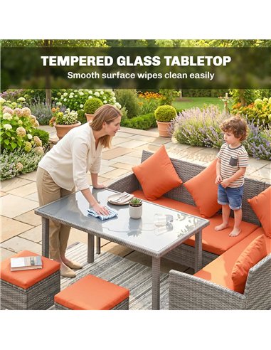 Outsunny 6-Seater Rattan Dining Set Sofa Table Footstool Outdoor w/ Cushion Garden Furniture, Orange