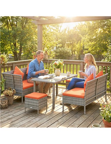 Outsunny 6-Seater Rattan Dining Set Sofa Table Footstool Outdoor w/ Cushion Garden Furniture, Orange