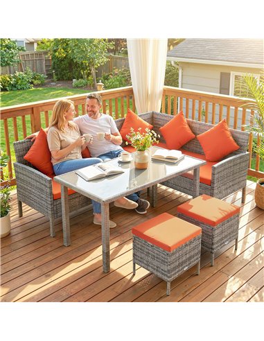 Outsunny 6-Seater Rattan Dining Set Sofa Table Footstool Outdoor w/ Cushion Garden Furniture, Orange