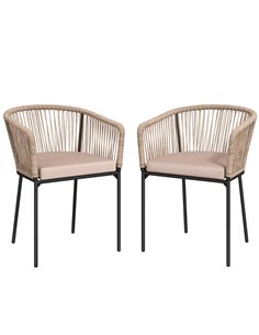Outsunny Garden Chairs Set of 2, Rattan Garden Dining Chairs with String Back Armrests, Cushions, Natural Wood Finish