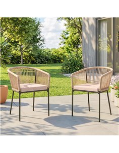 Outsunny Garden Chairs Set of 2, Rattan Garden Dining Chairs with String Back Armrests, Cushions, Natural Wood Finish 2