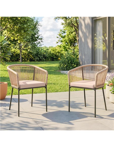 Outsunny Garden Chairs Set of 2, Rattan Garden Dining Chairs with String Back Armrests, Cushions, Natural Wood Finish - pic 199214 | FastDaddyshop