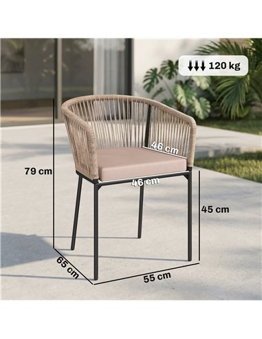 Outsunny Garden Chairs Set of 2, Rattan Garden Dining Chairs with String Back Armrests, Cushions, Natural Wood Finish