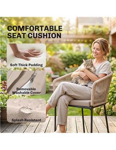Outsunny Garden Chairs Set of 2, Rattan Garden Dining Chairs with String Back Armrests, Cushions, Natural Wood Finish
