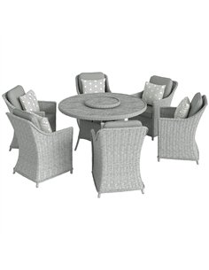 Outsunny Rattan Garden Dining Set with Turntable, Marble Effect Glass Round Garden Table and Chairs with Aluminium Frame, Grey