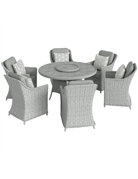Outsunny Rattan Garden Dining Set with Turntable, Marble Effect Glass Round Garden Table and Chairs with Aluminium Frame, Grey - pic 199222 | FastDaddyshop