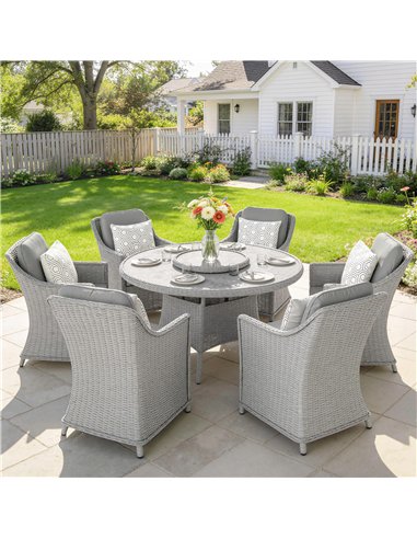 Outsunny Rattan Garden Dining Set with Turntable, Marble Effect Glass Round Garden Table and Chairs with Aluminium Frame, Grey