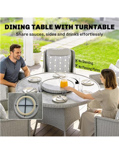 Outsunny Rattan Garden Dining Set with Turntable, Marble Effect Glass Round Garden Table and Chairs with Aluminium Frame, Grey