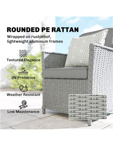 Outsunny Rattan Garden Dining Set with Turntable, Marble Effect Glass Round Garden Table and Chairs with Aluminium Frame, Grey