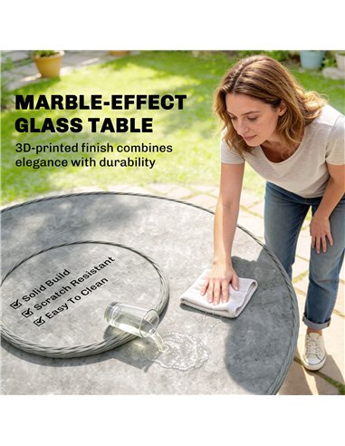 Outsunny Rattan Garden Dining Set with Turntable, Marble Effect Glass Round Garden Table and Chairs with Aluminium Frame, Grey