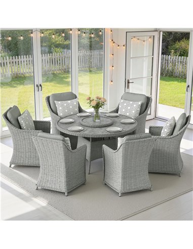 Outsunny Rattan Garden Dining Set with Turntable, Marble Effect Glass Round Garden Table and Chairs with Aluminium Frame, Grey