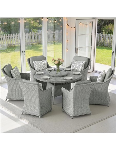 Outsunny Rattan Garden Dining Set with Turntable, Marble Effect Glass Round Garden Table and Chairs with Aluminium Frame, Grey - pic 199230 | FastDaddyshop