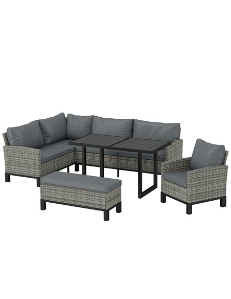 Outsunny 9 Seater Rattan Garden Furniture Corner Sofa Set, Outdoor Dining Set with Faux Wood Table, Ottoman, Cushions, Dark Grey - pic 199231 | FastDaddyshop