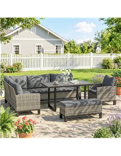 Outsunny 9 Seater Rattan Garden Furniture Corner Sofa Set, Outdoor Dining Set with Faux Wood Table, Ottoman, Cushions, Dark Grey 2