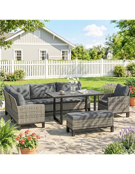 Outsunny 9 Seater Rattan Garden Furniture Corner Sofa Set, Outdoor Dining Set with Faux Wood Table, Ottoman, Cushions, Dark Grey - pic 199232 | FastDaddyshop