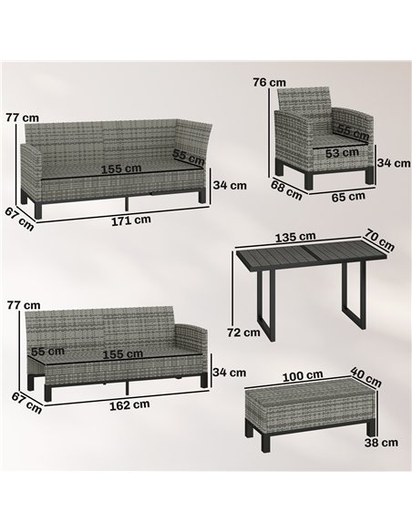 Outsunny 9 Seater Rattan Garden Furniture Corner Sofa Set, Outdoor Dining Set with Faux Wood Table, Ottoman, Cushions, Dark Grey - pic 199233 | FastDaddyshop