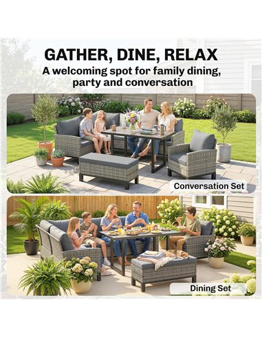 Outsunny 9 Seater Rattan Garden Furniture Corner Sofa Set, Outdoor Dining Set with Faux Wood Table, Ottoman, Cushions, Dark Grey