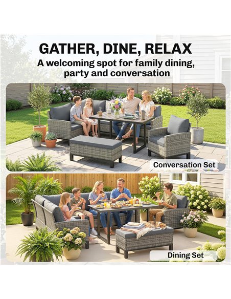 Outsunny 9 Seater Rattan Garden Furniture Corner Sofa Set, Outdoor Dining Set with Faux Wood Table, Ottoman, Cushions, Dark Grey - pic 199234 | FastDaddyshop