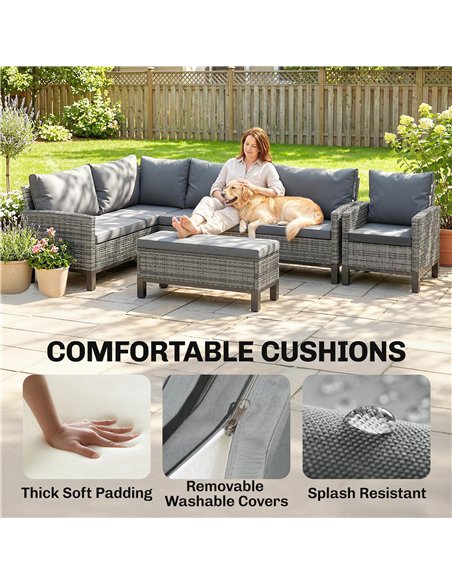 Outsunny 9 Seater Rattan Garden Furniture Corner Sofa Set, Outdoor Dining Set with Faux Wood Table, Ottoman, Cushions, Dark Grey - pic 199236 | FastDaddyshop