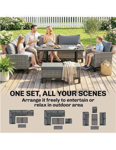 Outsunny 9 Seater Rattan Garden Furniture Corner Sofa Set, Outdoor Dining Set with Faux Wood Table, Ottoman, Cushions, Dark Grey