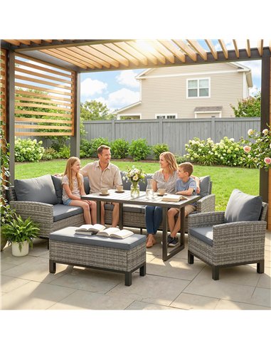Outsunny 9 Seater Rattan Garden Furniture Corner Sofa Set, Outdoor Dining Set with Faux Wood Table, Ottoman, Cushions, Dark Grey