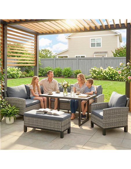 Outsunny 9 Seater Rattan Garden Furniture Corner Sofa Set, Outdoor Dining Set with Faux Wood Table, Ottoman, Cushions, Dark Grey - pic 199239 | FastDaddyshop