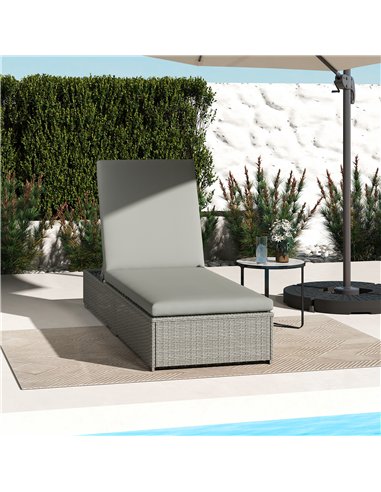 Outsunny Rattan Sun Lounger, Five-Position Reclining Garden Lounger Bed with Cushion, Light Grey