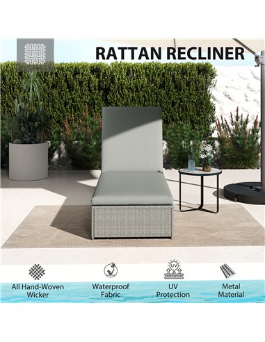 Outsunny Rattan Sun Lounger, Five-Position Reclining Garden Lounger Bed with Cushion, Light Grey