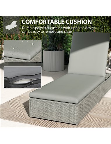 Outsunny Rattan Sun Lounger, Five-Position Reclining Garden Lounger Bed with Cushion, Light Grey