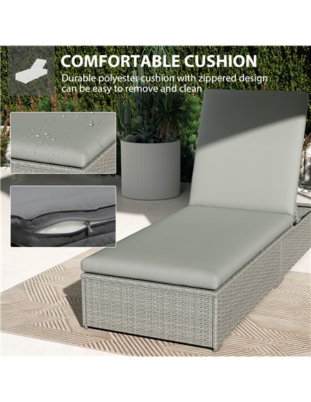 Outsunny Rattan Sun Lounger, Five-Position Reclining Garden Lounger Bed with Cushion, Light Grey - pic 199244 | FastDaddyshop