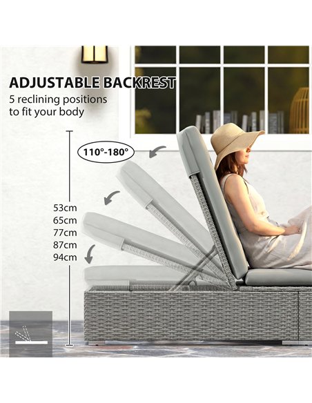 Outsunny Rattan Sun Lounger, Five-Position Reclining Garden Lounger Bed with Cushion, Light Grey - pic 199245 | FastDaddyshop