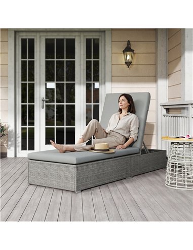 Outsunny Rattan Sun Lounger, Five-Position Reclining Garden Lounger Bed with Cushion, Light Grey