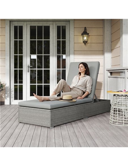 Outsunny Rattan Sun Lounger, Five-Position Reclining Garden Lounger Bed with Cushion, Light Grey - pic 199247 | FastDaddyshop
