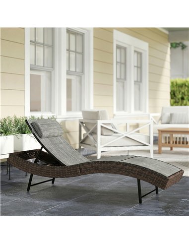 Outsunny Rattan Sun Lounger, Garden Recliner with 5 Position Adjustable Back, S Shaped Texteline Seat, Headrest, Brown