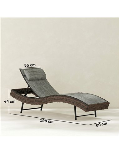 Outsunny Rattan Sun Lounger, Garden Recliner with 5 Position Adjustable Back, S Shaped Texteline Seat, Headrest, Brown