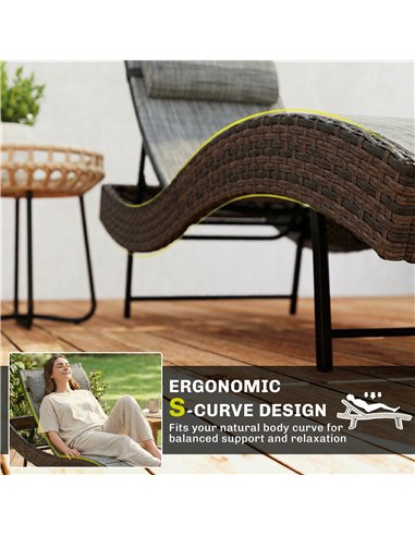 Outsunny Rattan Sun Lounger, Garden Recliner with 5 Position Adjustable Back, S Shaped Texteline Seat, Headrest, Brown