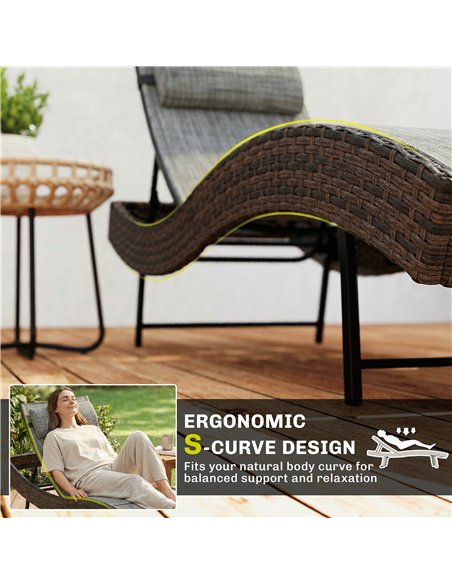 Outsunny Rattan Sun Lounger, Garden Recliner with 5 Position Adjustable Back, S Shaped Texteline Seat, Headrest, Brown - pic 199261 | FastDaddyshop