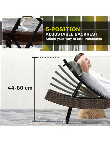 Outsunny Rattan Sun Lounger, Garden Recliner with 5 Position Adjustable Back, S Shaped Texteline Seat, Headrest, Brown