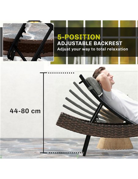Outsunny Rattan Sun Lounger, Garden Recliner with 5 Position Adjustable Back, S Shaped Texteline Seat, Headrest, Brown - pic 199262 | FastDaddyshop
