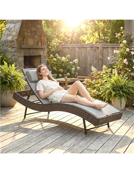 Outsunny Rattan Sun Lounger, Garden Recliner with 5 Position Adjustable Back, S Shaped Texteline Seat, Headrest, Brown - pic 199266 | FastDaddyshop