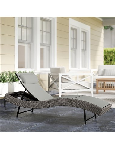 Outsunny Rattan Sun Lounger, Garden Recliner with 5 Position Adjustable Back, S Shaped Texteline Seat, Headrest, Light Grey