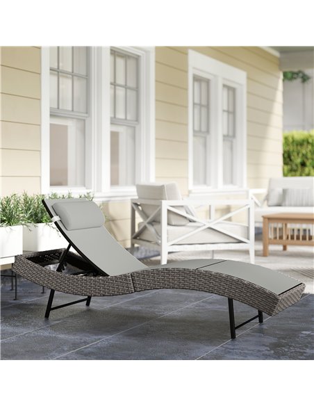 Outsunny Rattan Sun Lounger, Garden Recliner with 5 Position Adjustable Back, S Shaped Texteline Seat, Headrest, Light Grey - pic 199268 | FastDaddyshop