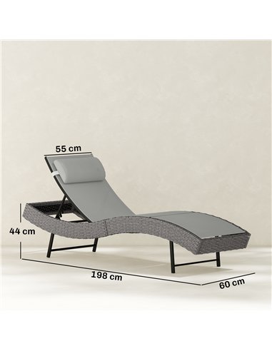 Outsunny Rattan Sun Lounger, Garden Recliner with 5 Position Adjustable Back, S Shaped Texteline Seat, Headrest, Light Grey