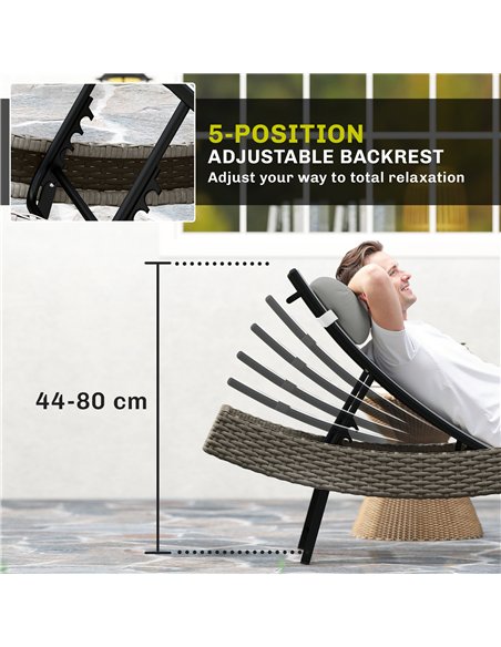 Outsunny Rattan Sun Lounger, Garden Recliner with 5 Position Adjustable Back, S Shaped Texteline Seat, Headrest, Light Grey - pic 199271 | FastDaddyshop